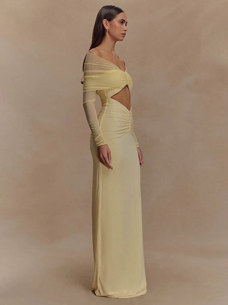 gele cut-out jurk met mesh mouwen en off shoulder ontwerp