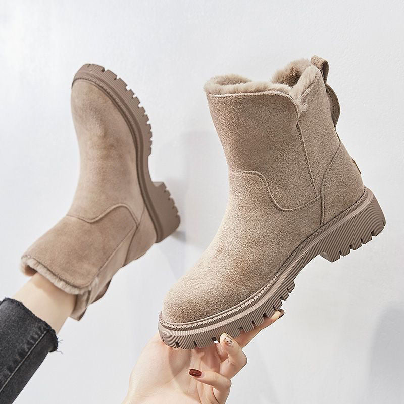 dames enkellaarzen in beige suède look met bont binnenvoering