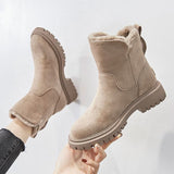 dames enkellaarzen in beige suède look met bont binnenvoering