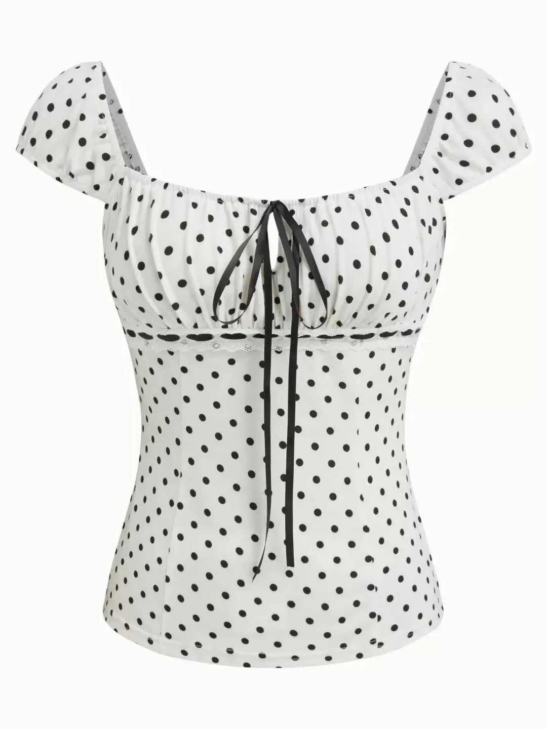 Liora fitted polkadot top in wit met zwarte stippen en zwart strikje