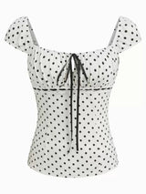 Liora fitted polkadot top in wit met zwarte stippen en zwart strikje