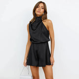 Zwarte satijnen halter playsuit met elegante uitstraling