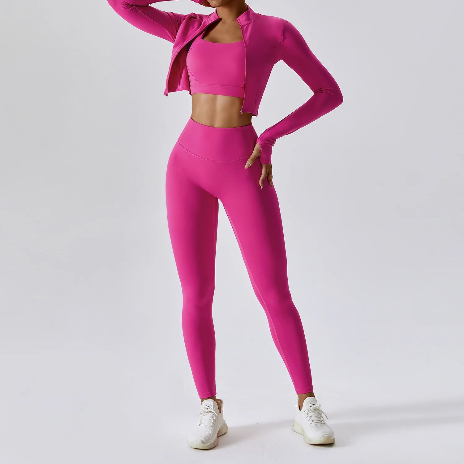 Naadloze fitness set met high-waist legging en cropped zip-up top, squat-proof en ademend voor elke workout.