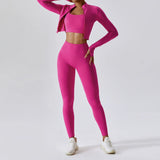 Naadloze fitness set met high-waist legging en cropped zip-up top, squat-proof en ademend voor elke workout.