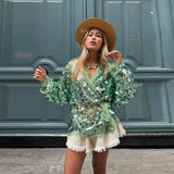 festival outfit met pailletten kimono in groen of roségoud