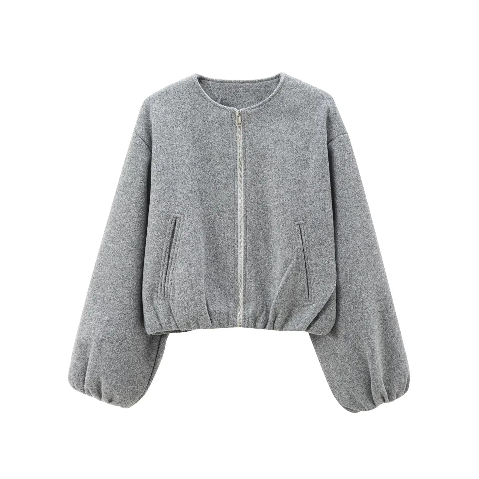 Grijze cropped bomber jas met ballonmouwen en ritssluiting