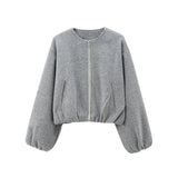 Grijze cropped bomber jas met ballonmouwen en ritssluiting