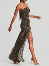 maxi jurk met transparante rok panterprint strapless jurk met mesh rok 
