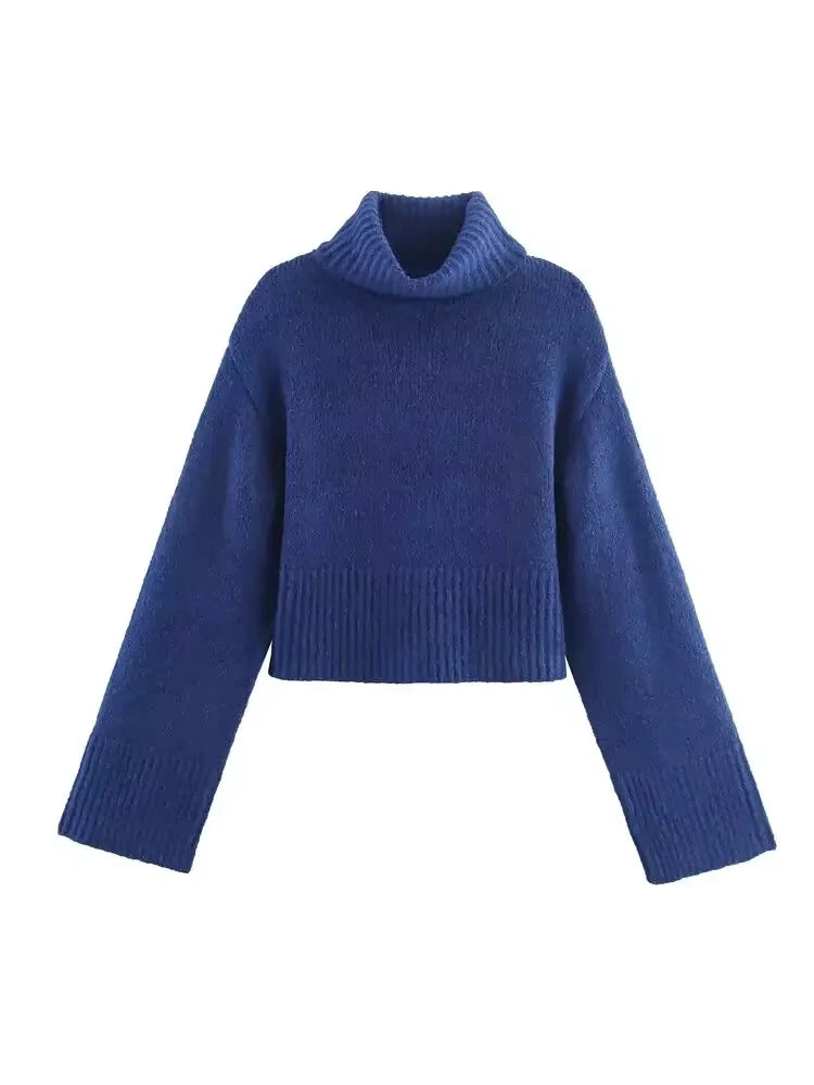 productfoto blauwe gebreide coltrui met wijde mouwen en cropped fit