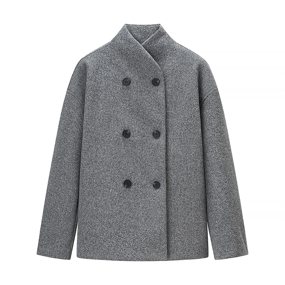 grijze double breasted jas dames oversized fit minimalistisch