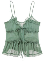 lichtgroene see-through top met ruffels en open voorkant