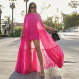 roze maxi jurk met transparante cape overlay dames
