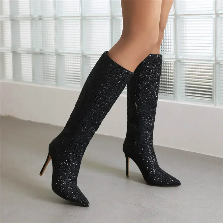 Lunéa Glitz Boots | Kniehoge Glitterlaarzen met Puntneus & Stilettohak