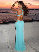achterkant turquoise maxi jurk met open rug en kruisbanden dames