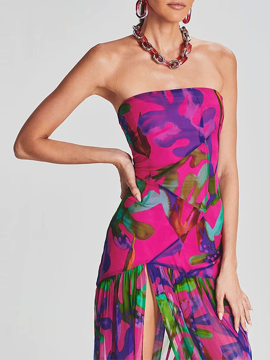 abstracte  paarse maxi jurk met transparante rok 