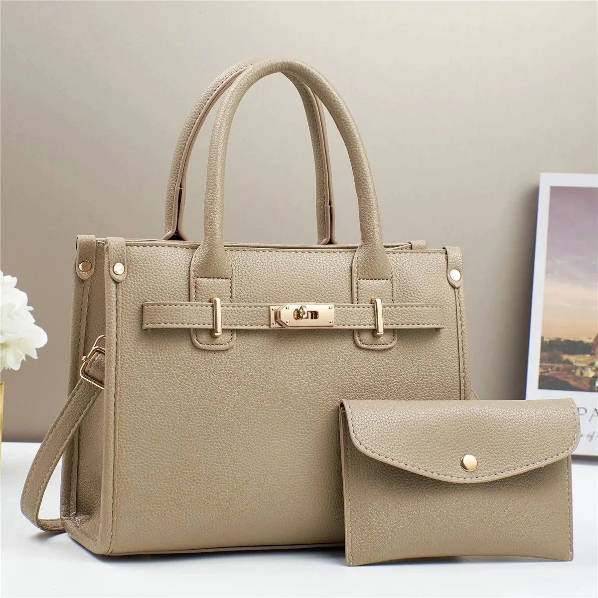Taupe PU handtas set met portemonnee – Liorah Luxe Handtas