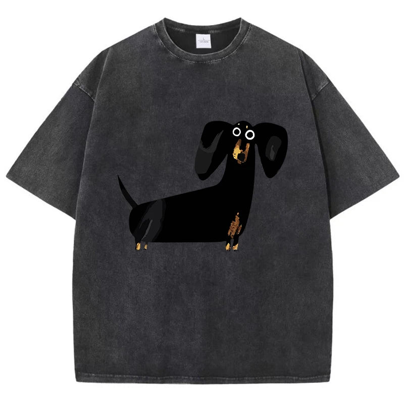Zwart oversized T-shirt met teckelprint op de voorkant