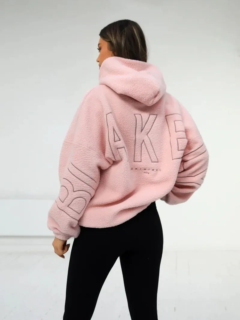 Oversized teddy hoodie dames roze met back print
