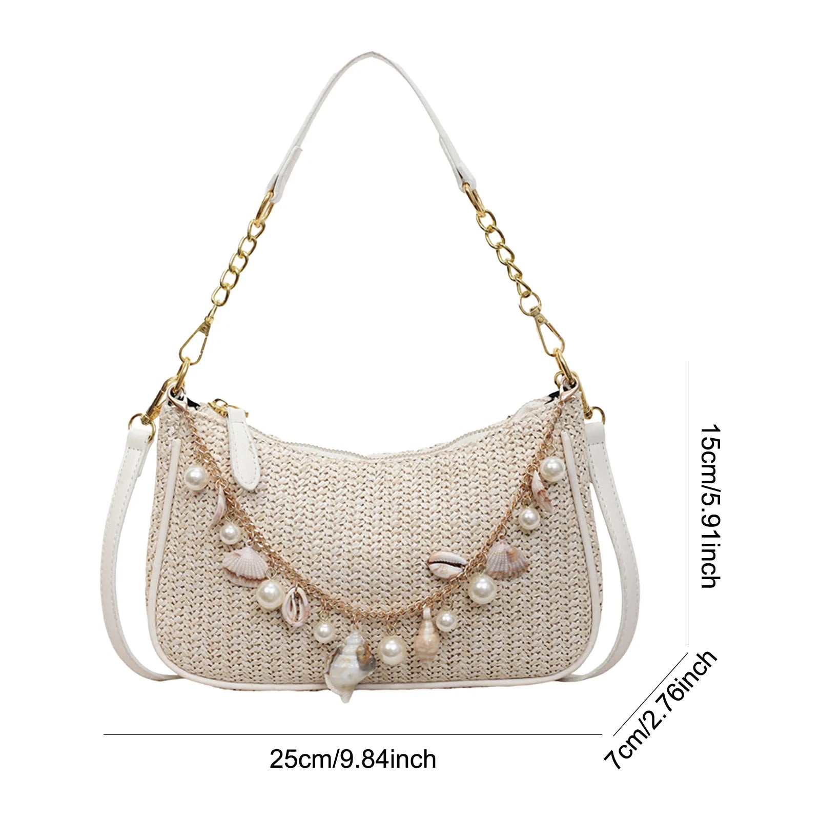 Norelya beach bag met verstelbare strap en parelbedels in wit