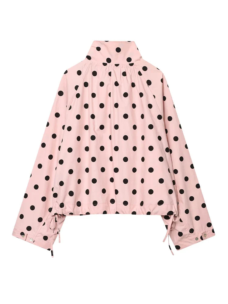 dames polkadot jacket roze met zwarte stippen fashion look