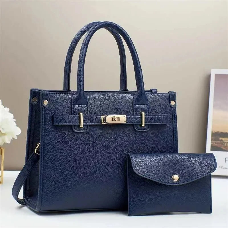 Navy blauwe PU handtas set met portemonnee – Liorah Luxe Handtas