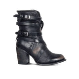 zwarte enkellaars met chunky hak, gespen en ritsdetail voor dames