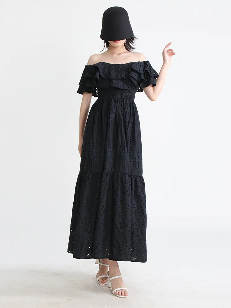 zwarte elegante off shoulder jurk met broderie details