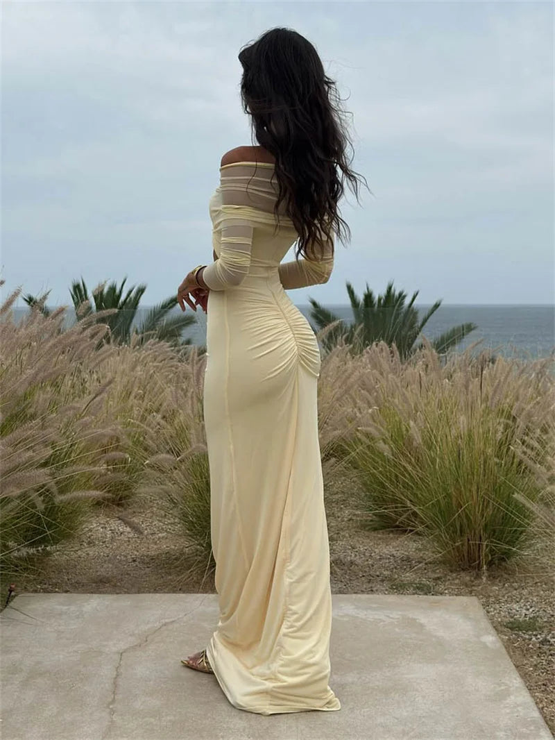 gele off shoulder jurk met mesh en cut-out detail 