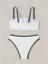 Elverra | Witte Ribgebreide Bikini met Zwarte Biezen & High Waist Slip