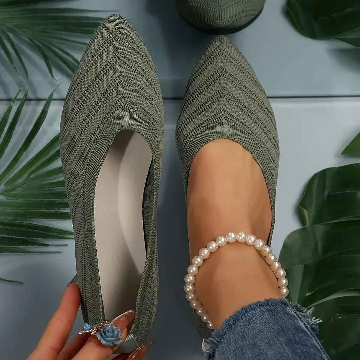 groene ademende ballerina’s voor dames met stretchy mesh