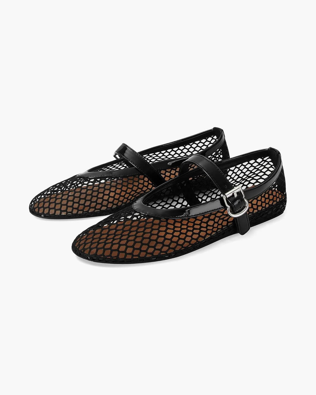 studio close-up van zwarte mesh mary jane ballerina’s met gesp