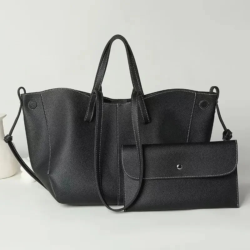Grote zwarte tas met clutch van vegan leer