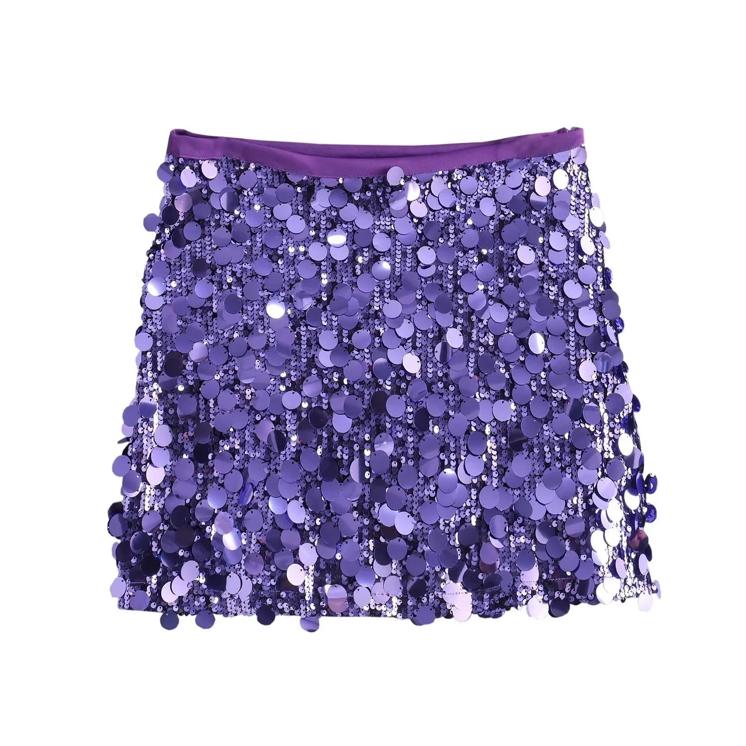 Glam Elegance Mini Skirt in paarse sprankelende pailletten, perfect voor feestdagen en speciale gelegenheden.