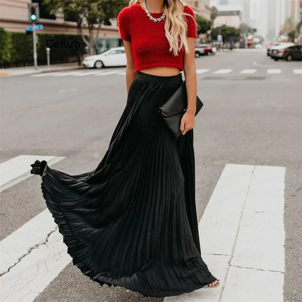 Zwarte plissé maxi rok met rode top
