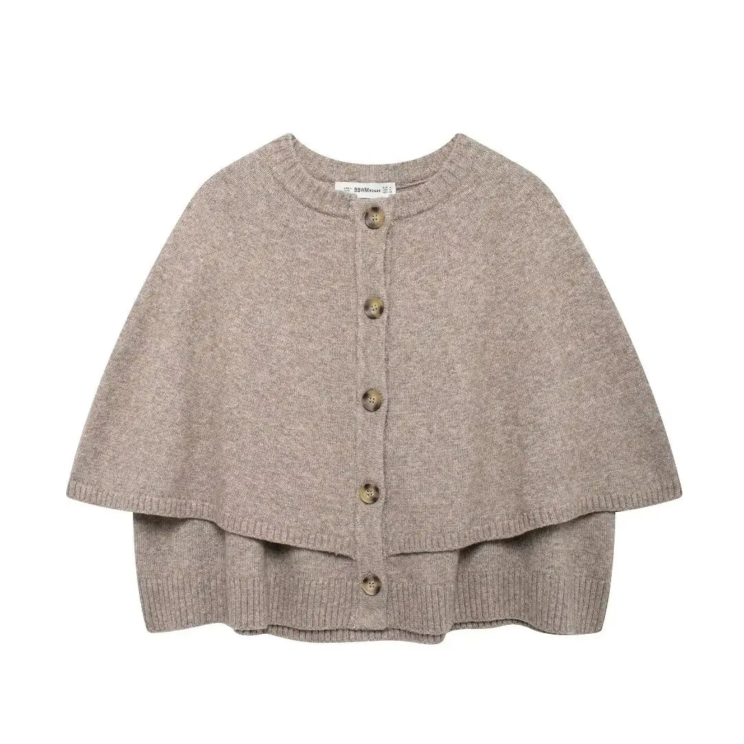 taupe gebreid vest met cape-look en knopen, voorkant