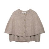 taupe gebreid vest met cape-look en knopen, voorkant