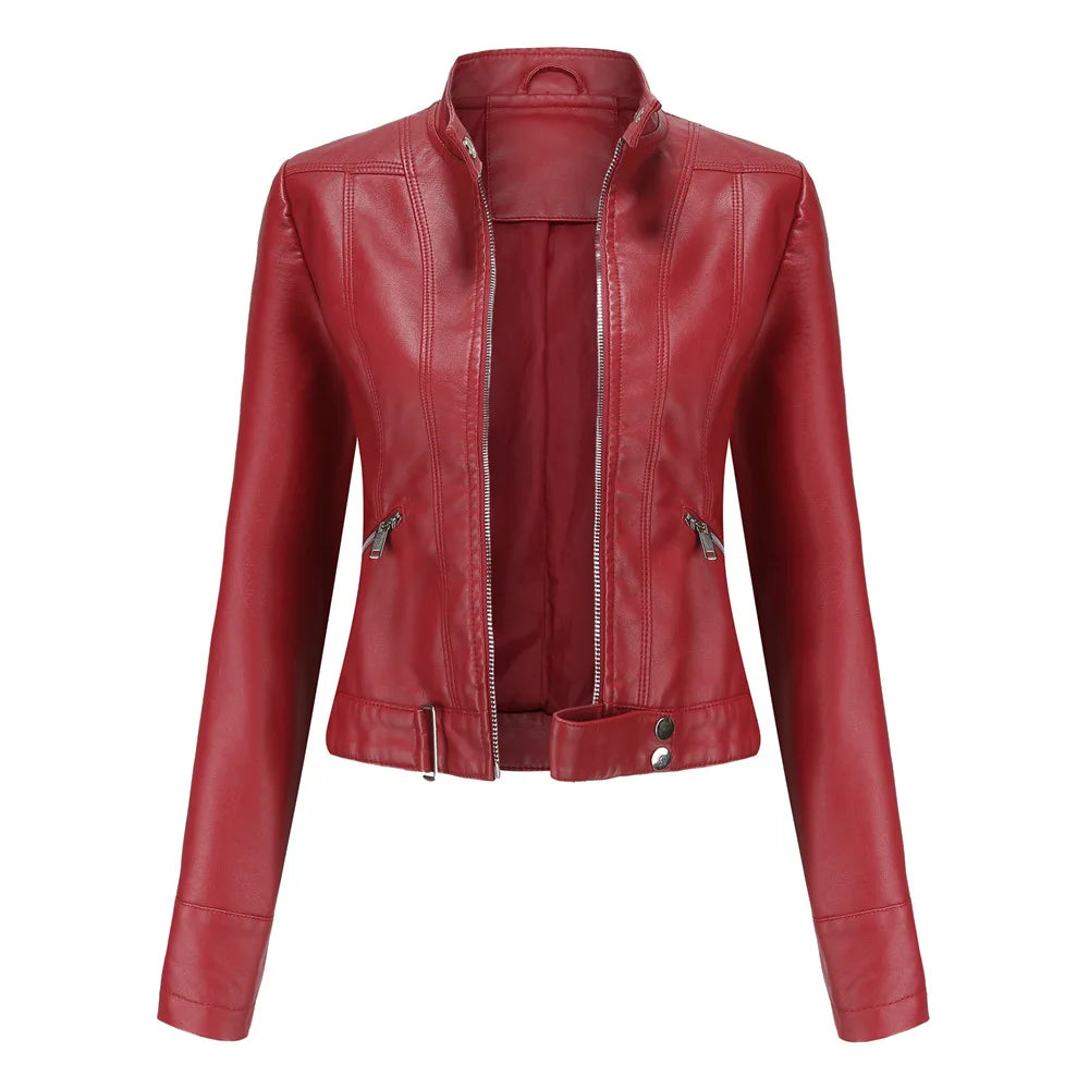 Veloura Biker Jacket rood dames detailfoto ritsen en kraag