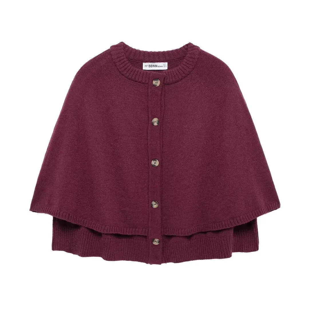 bordeaux gebreid vest met cape-look en knopen, voorkant