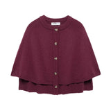bordeaux gebreid vest met cape-look en knopen, voorkant
