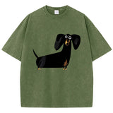 donkergroen oversized T-shirt met teckelprint op de voorkant