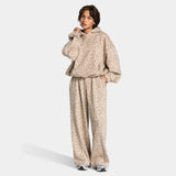 beige luipaardprint hoodie set dames met witte bies