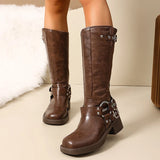 bruine hoge biker boots met dubbele gespen en blokhak