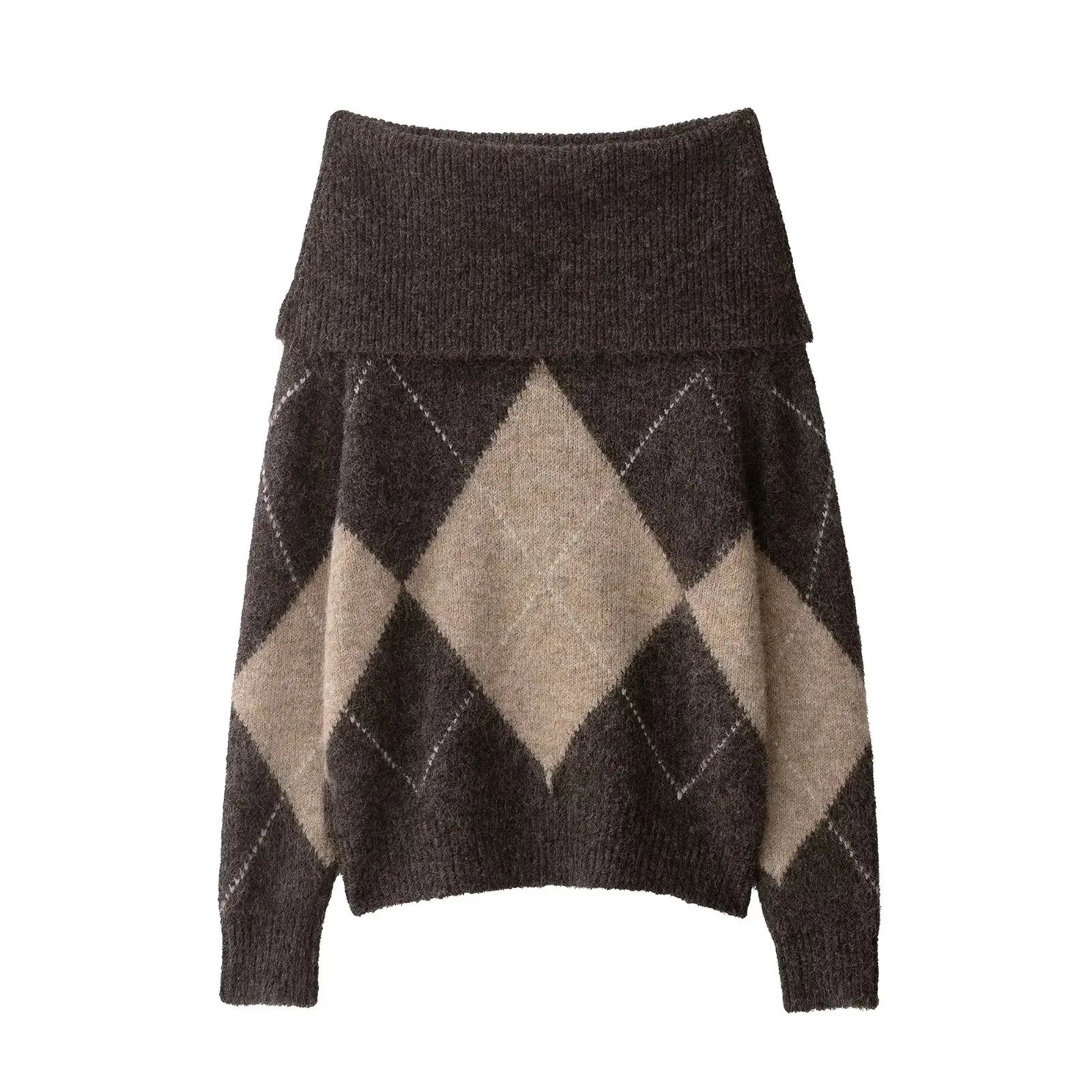 productfoto van bruine off-shoulder trui met argyle ruitmotief platgelegd