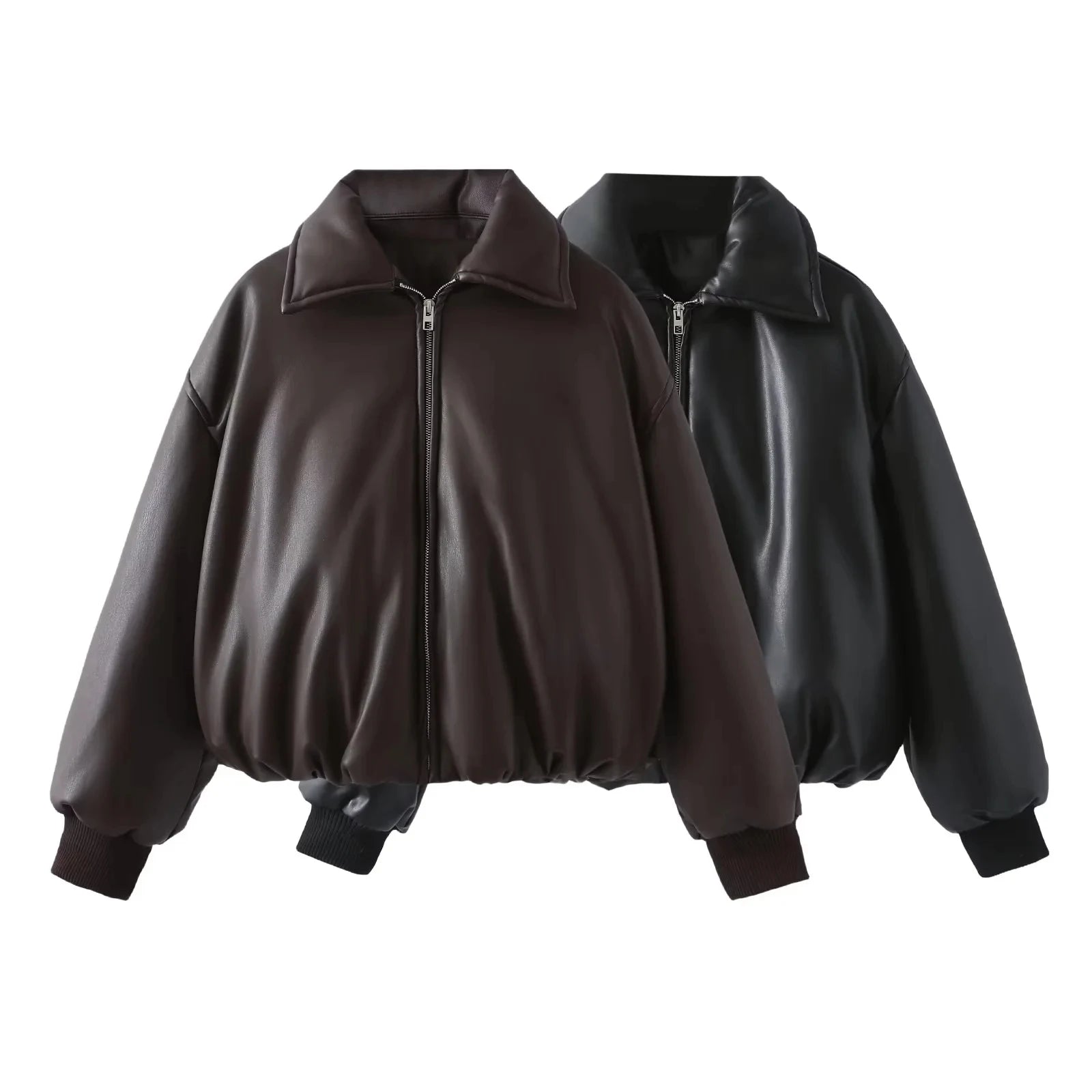 dames bomberjack in oversized stijl, vegan leer zwart en bruin