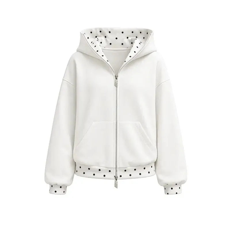 Witte rits-hoodie met zwarte polkadot voering en capuchon voor dames