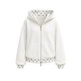 Witte rits-hoodie met zwarte polkadot voering en capuchon voor dames
