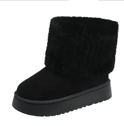Zwarte enkellaars met imitatiebont en plateauzool, winter boots dames
