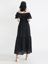 zwarte elegante off shoulder jurk met broderie details