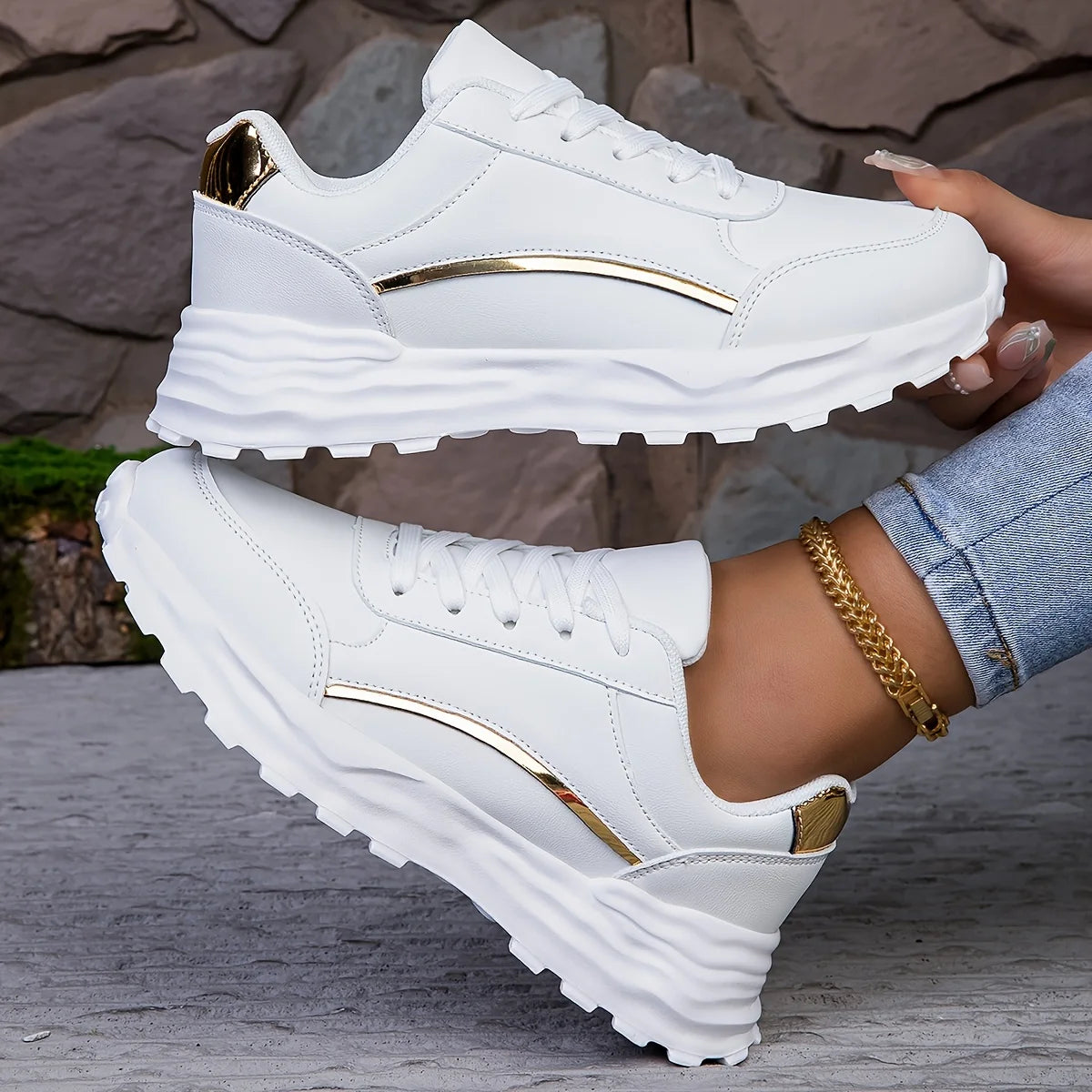 Lyana | White Gold Detail Sneakers
