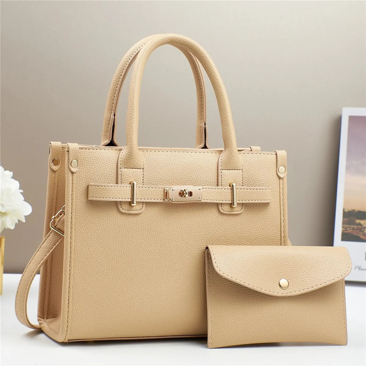 Beige PU handtas set met portemonnee – Liorah Luxe Handtas